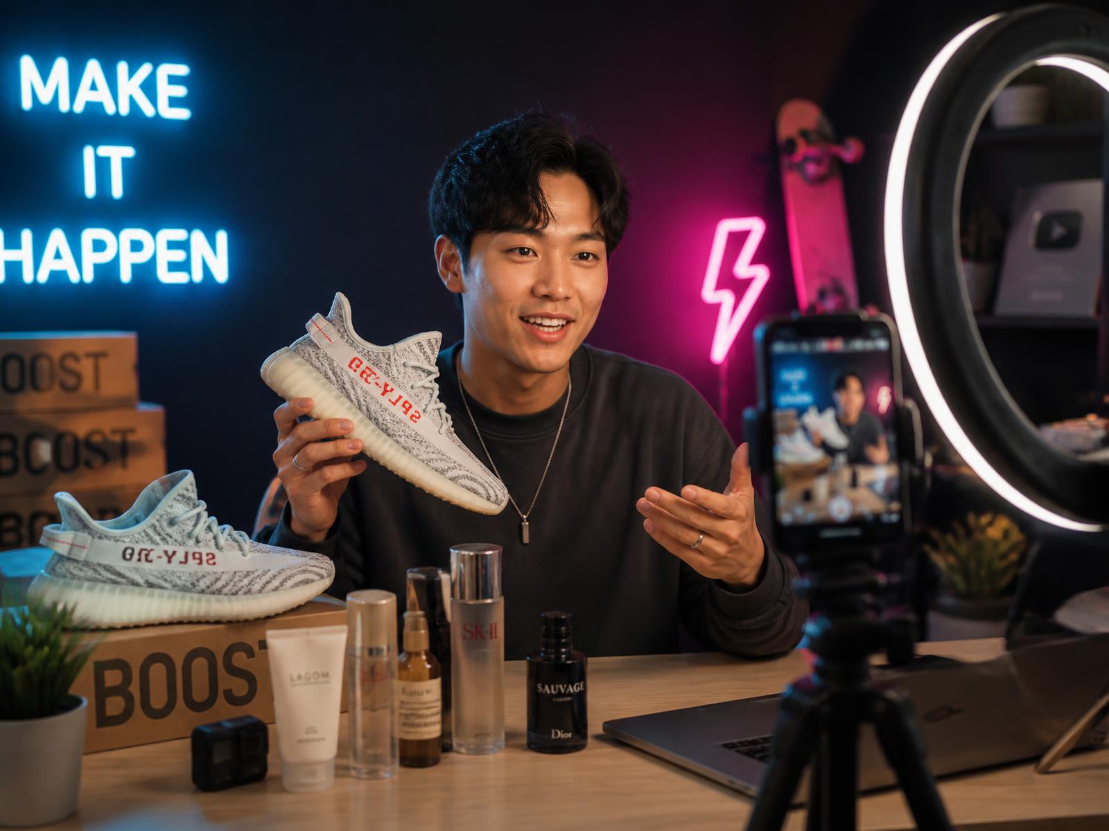 Creator filming a TikTok product video surrounded by shipping boxes