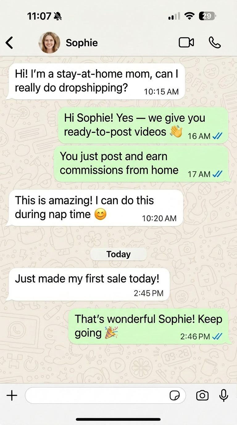 WhatsApp conversation with Sophie, a TTDropBiz seller
